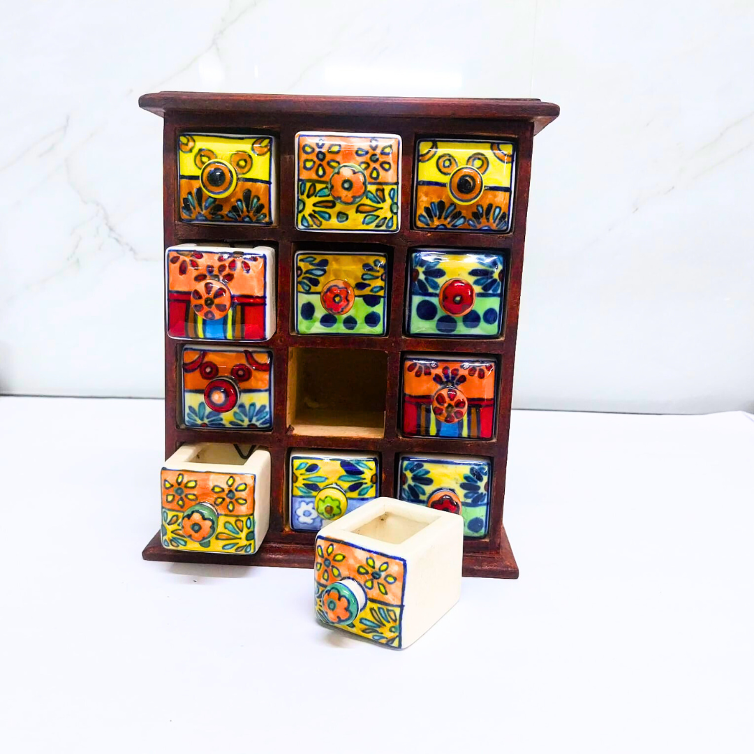 Handcrafted Wooden Spice Box with 12 Ceramic Drawers | Traditional Masala Box | Countertop Storage Organizer for Kitchen & Dining | Decorative Wooden Chest for Spices, Jewelry & Knick-Knacks