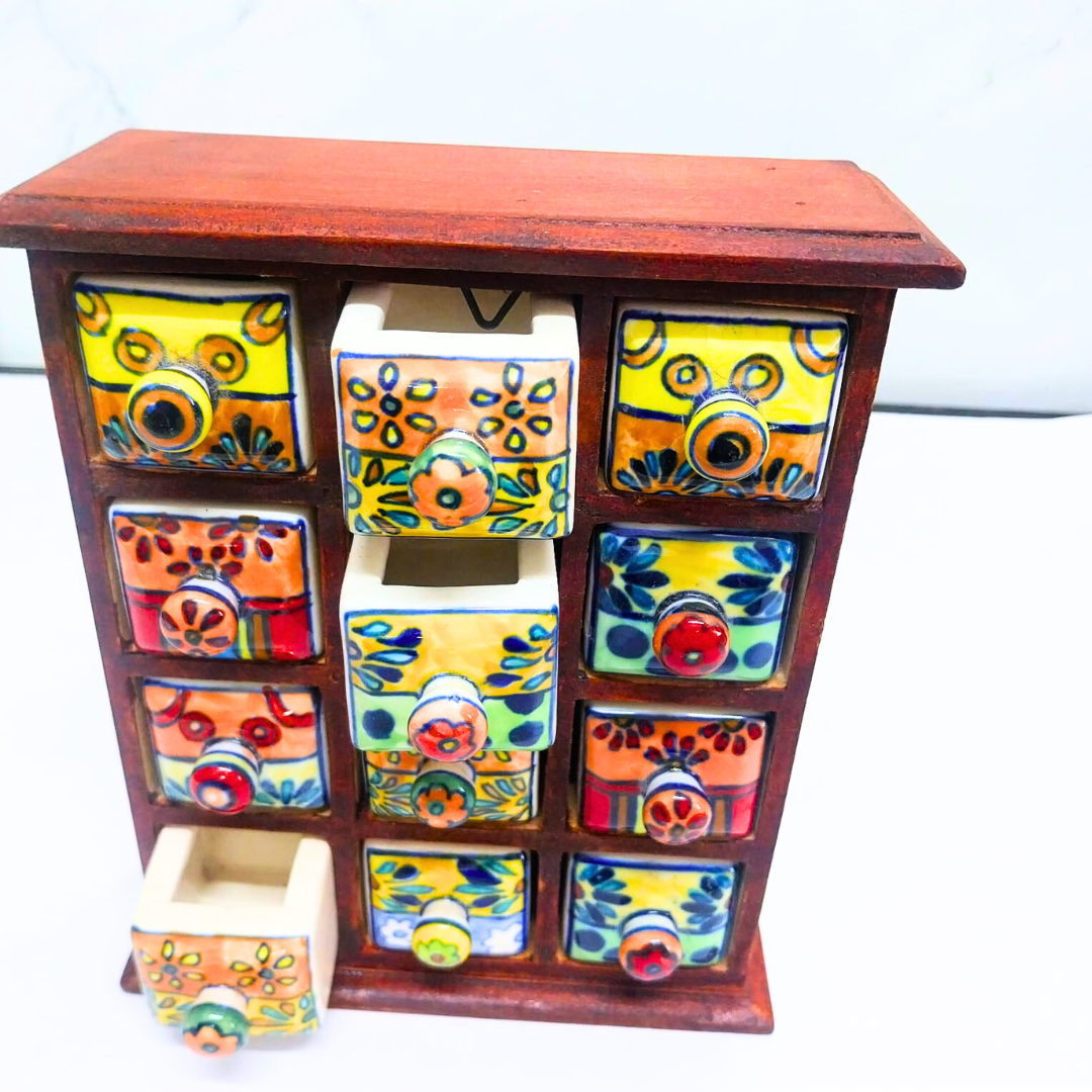 Handcrafted Wooden Spice Box with 12 Ceramic Drawers | Traditional Masala Box | Countertop Storage Organizer for Kitchen & Dining | Decorative Wooden Chest for Spices, Jewelry & Knick-Knacks