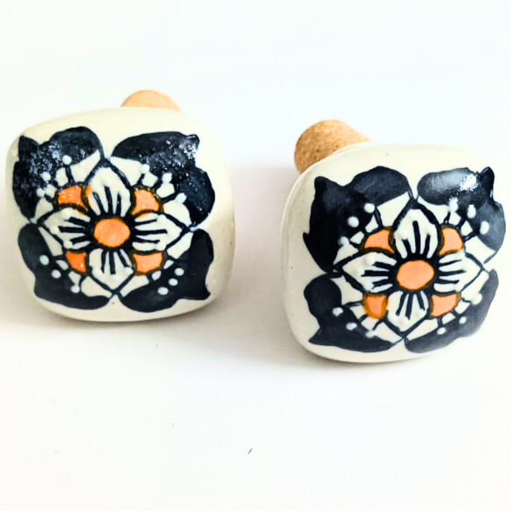 Decorative Wine Bottle Stoppers with Floral Design | White Handcrafted Ceramic Top with Natural Cork Base | Set of 2 | Reusable, Eco-Friendly Kitchen & Bar Accessories