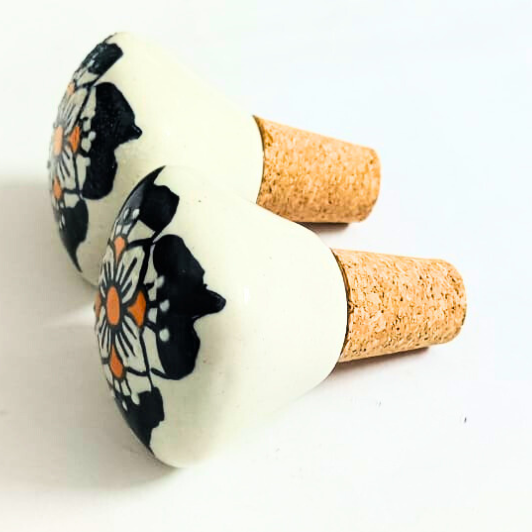 Decorative Wine Bottle Stoppers with Floral Design | White Handcrafted Ceramic Top with Natural Cork Base | Set of 2 | Reusable, Eco-Friendly Kitchen & Bar Accessories