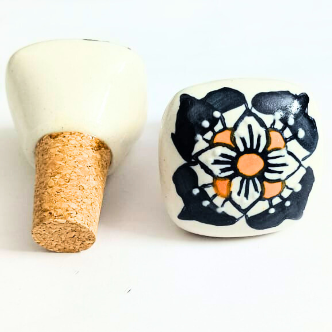 Decorative Wine Bottle Stoppers with Floral Design | White Handcrafted Ceramic Top with Natural Cork Base | Set of 2 | Reusable, Eco-Friendly Kitchen & Bar Accessories