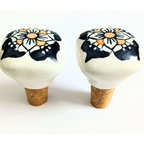 Decorative Wine Bottle Stoppers with Floral Design | White Handcrafted Ceramic Top with Natural Cork Base | Set of 2 | Reusable, Eco-Friendly Kitchen & Bar Accessories