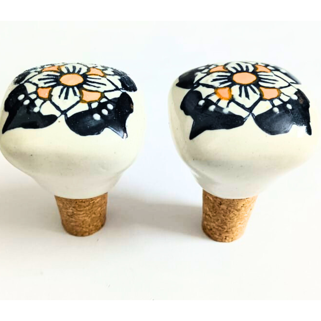 Decorative Wine Bottle Stoppers with Floral Design | White Handcrafted Ceramic Top with Natural Cork Base | Set of 2 | Reusable, Eco-Friendly Kitchen & Bar Accessories
