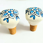 Decorative Ceramic Wine Bottle Stopper with Blue Floral Design | Handcrafted White Ceramic Top with Natural Cork Base | Reusable, Eco-Friendly Kitchen & Bar Accessory