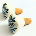 Decorative Ceramic Wine Bottle Stopper with Blue Floral Design | Handcrafted White Ceramic Top with Natural Cork Base | Reusable, Eco-Friendly Kitchen & Bar Accessory