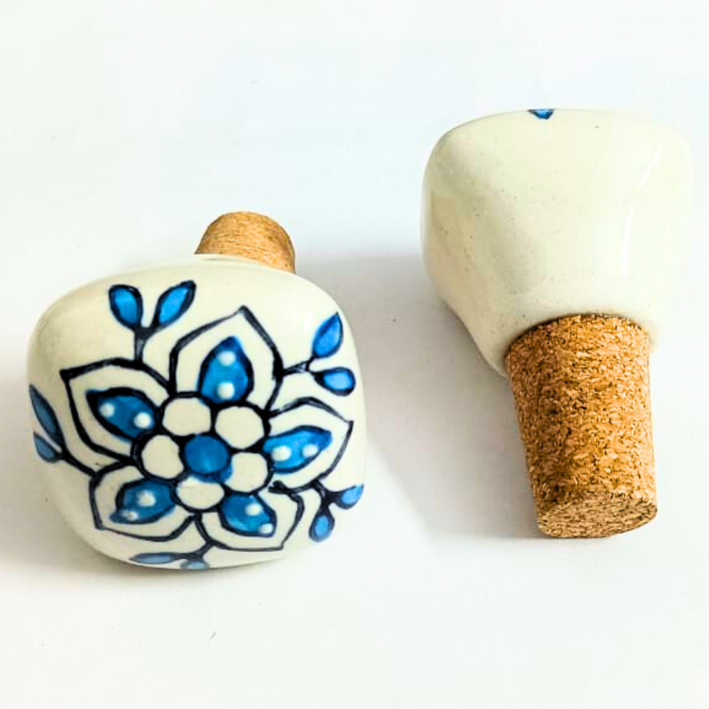 Decorative Ceramic Wine Bottle Stopper with Blue Floral Design | Handcrafted White Ceramic Top with Natural Cork Base | Reusable, Eco-Friendly Kitchen & Bar Accessory