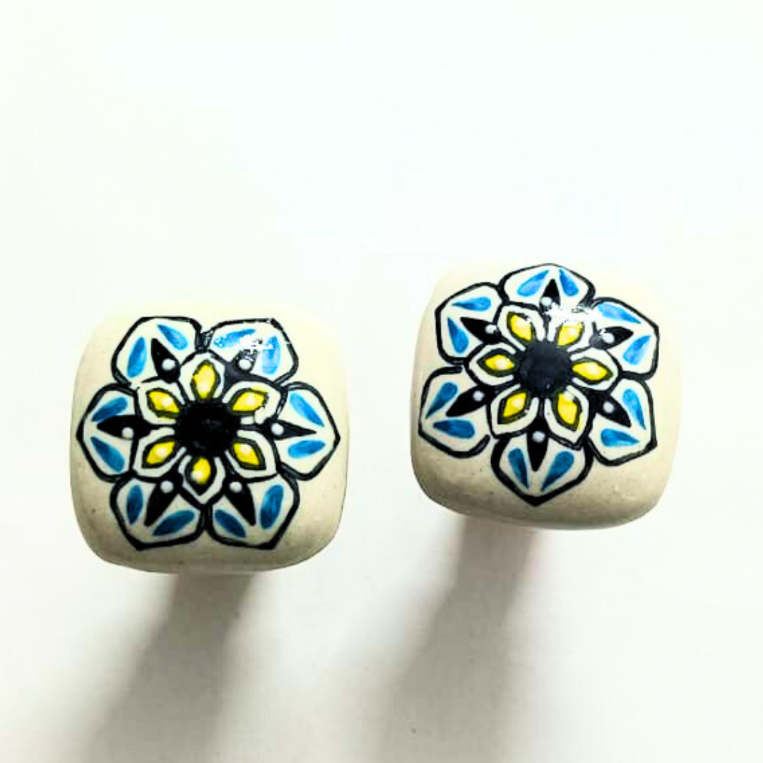 Decorative Wine Bottle Cork Stoppers with Blue and Yellow Floral Design | Handcrafted White Ceramic Bottle Stopper Set of 2 | Reusable, Eco-Friendly Kitchen & Bar Accessory