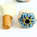 Decorative Wine Bottle Cork Stoppers with Blue and Yellow Floral Design | Handcrafted White Ceramic Bottle Stopper Set of 2 | Reusable, Eco-Friendly Kitchen & Bar Accessory