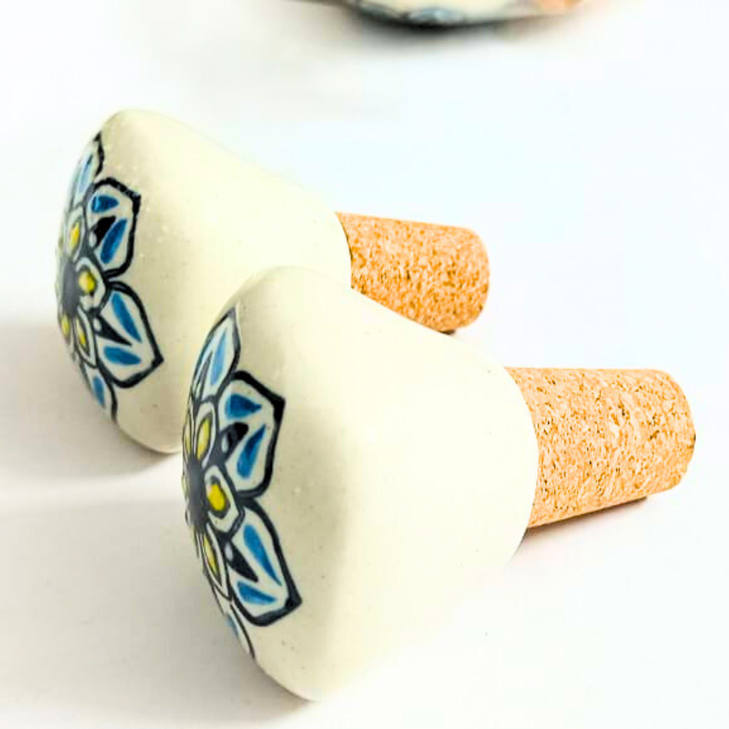 Decorative Wine Bottle Cork Stoppers with Blue and Yellow Floral Design | Handcrafted White Ceramic Bottle Stopper Set of 2 | Reusable, Eco-Friendly Kitchen & Bar Accessory