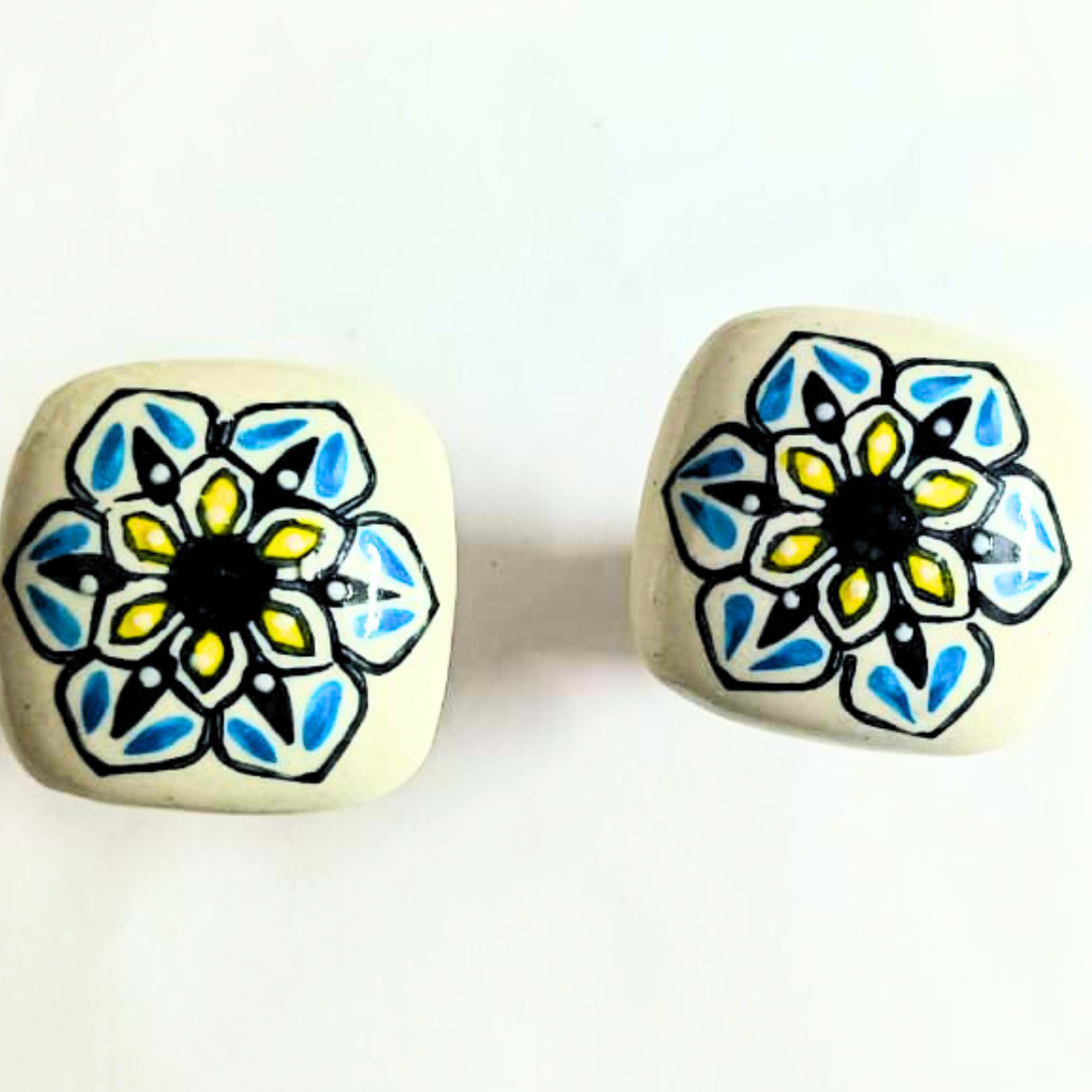 Decorative Wine Bottle Cork Stoppers with Blue and Yellow Floral Design | Handcrafted White Ceramic Bottle Stopper Set of 2 | Reusable, Eco-Friendly Kitchen & Bar Accessory