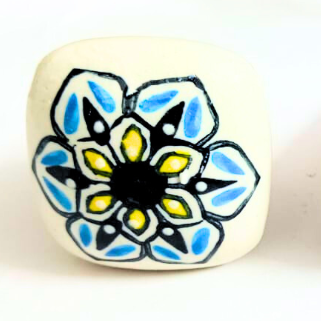 Decorative Wine Bottle Cork Stoppers with Blue and Yellow Floral Design | Handcrafted White Ceramic Bottle Stopper Set of 2 | Reusable, Eco-Friendly Kitchen & Bar Accessory