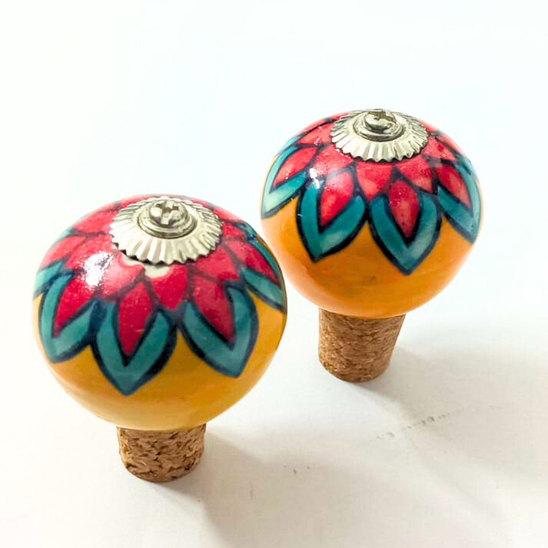 Decorative Ceramic Wine Bottle Stopper with Floral Design | Orange and Turquoise Handcrafted Ceramic Tops with Natural Cork Base | Set of 2 | Reusable, Eco-Friendly Kitchen & Bar Accessories