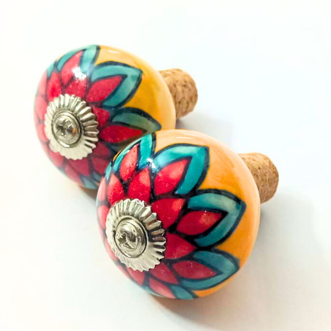 Decorative Ceramic Wine Bottle Stopper with Floral Design | Orange and Turquoise Handcrafted Ceramic Tops with Natural Cork Base | Set of 2 | Reusable, Eco-Friendly Kitchen & Bar Accessories