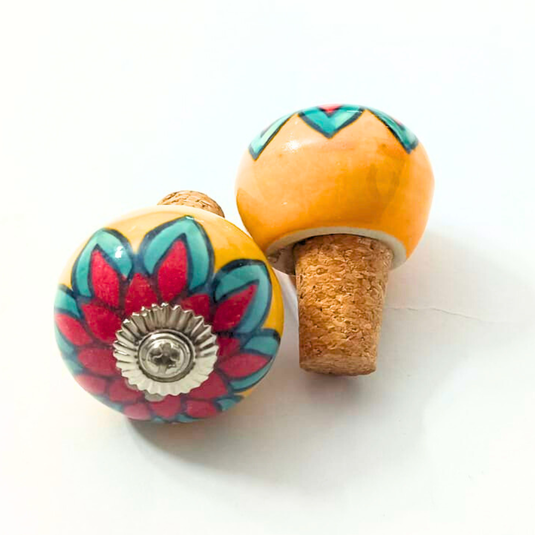 Decorative Ceramic Wine Bottle Stopper with Floral Design | Orange and Turquoise Handcrafted Ceramic Tops with Natural Cork Base | Set of 2 | Reusable, Eco-Friendly Kitchen & Bar Accessories