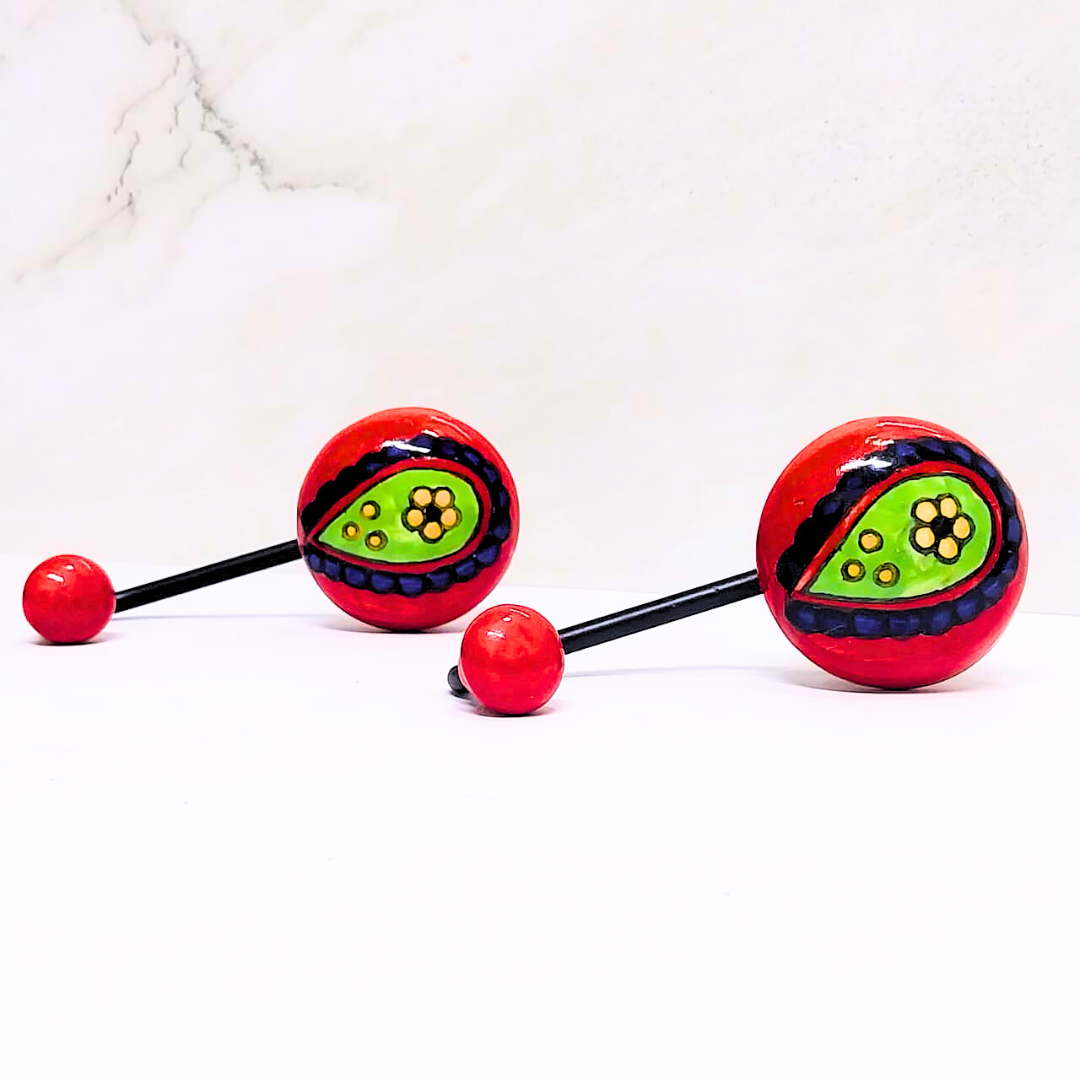 Decorative Wall Hook with Hand-Painted Ceramic – Red & Green Paisley Design, Double Hooks for Hanging Keys, Towels, or Accessories