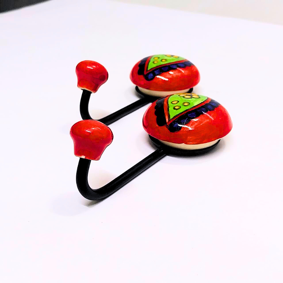Decorative Wall Hook with Hand-Painted Ceramic – Red & Green Paisley Design, Double Hooks for Hanging Keys, Towels, or Accessories