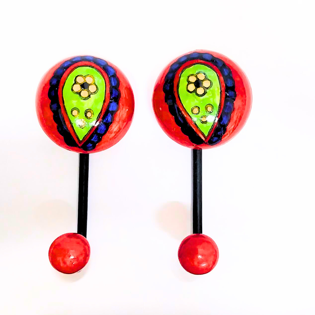 Decorative Wall Hook with Hand-Painted Ceramic – Red & Green Paisley Design, Double Hooks for Hanging Keys, Towels, or Accessories