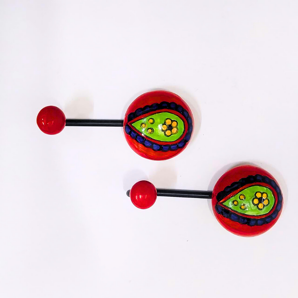 Decorative Wall Hook with Hand-Painted Ceramic – Red & Green Paisley Design, Double Hooks for Hanging Keys, Towels, or Accessories
