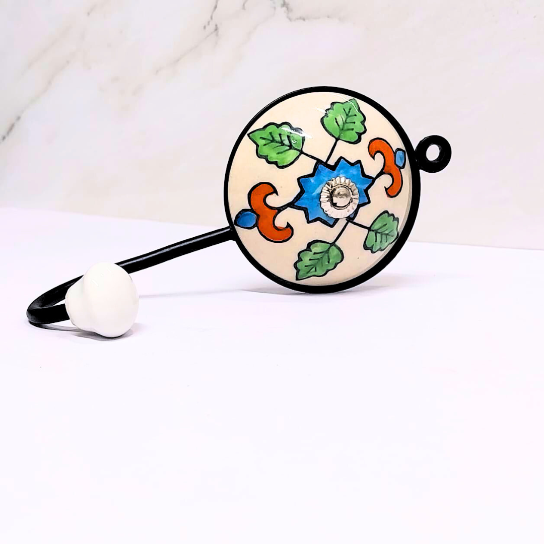 Decorative Ceramic Wall Hook – Green Leaf & Blue Star Floral Design, Stylish Hook for Keys, Towels, or Accessories