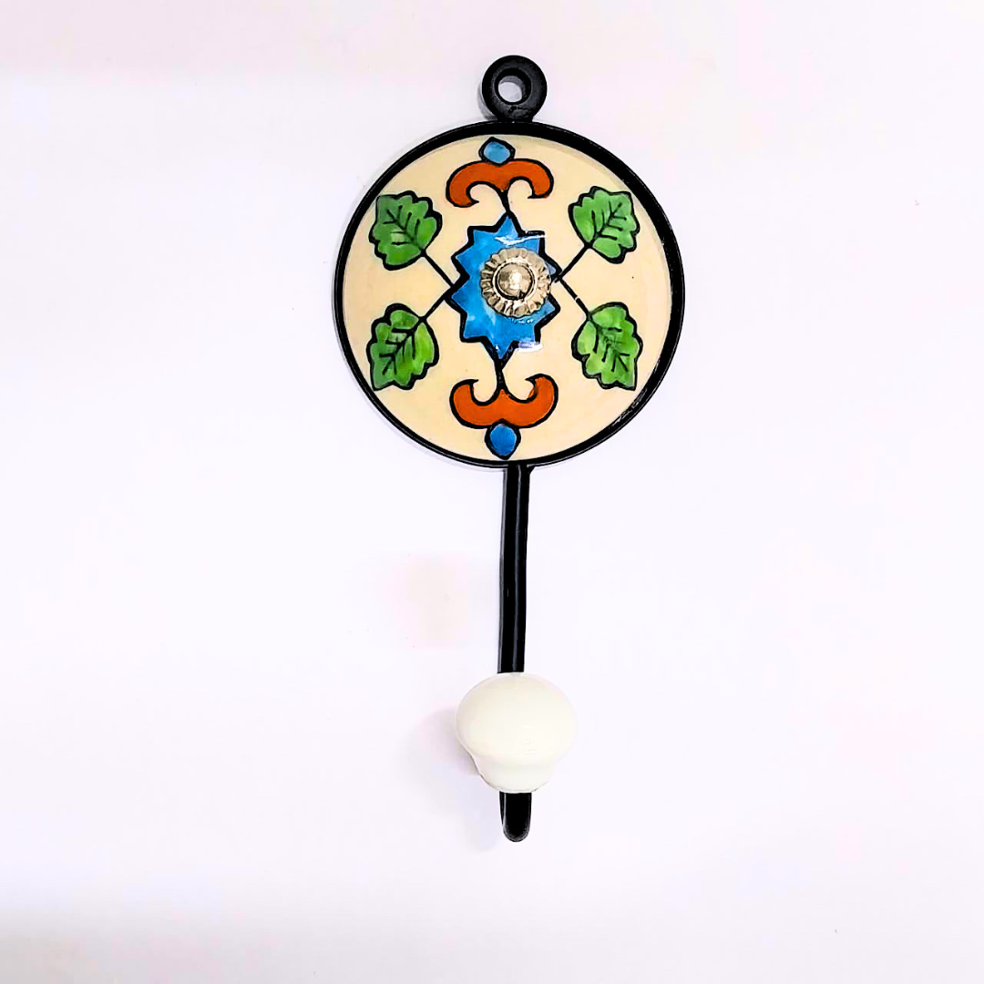 Decorative Ceramic Wall Hook – Green Leaf & Blue Star Floral Design, Stylish Hook for Keys, Towels, or Accessories
