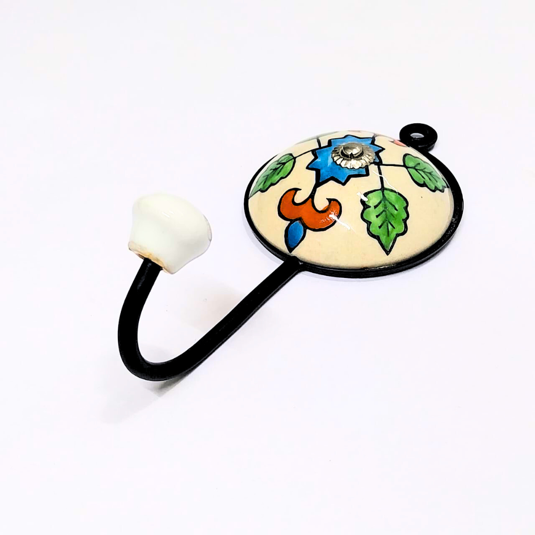 Decorative Ceramic Wall Hook – Green Leaf & Blue Star Floral Design, Stylish Hook for Keys, Towels, or Accessories