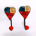 Decorative Heart Wall Hooks with Tribal Pattern – Red & Blue, Set of 2, Durable Metal Hooks for Hanging Keys, Towels, or Accessories