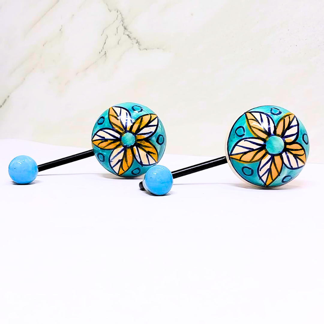 Decorative Ceramic Wall Hooks – Turquoise Floral Design with Blue Ball End, Set of 2, Stylish Hooks for Keys, Towels, or Accessories