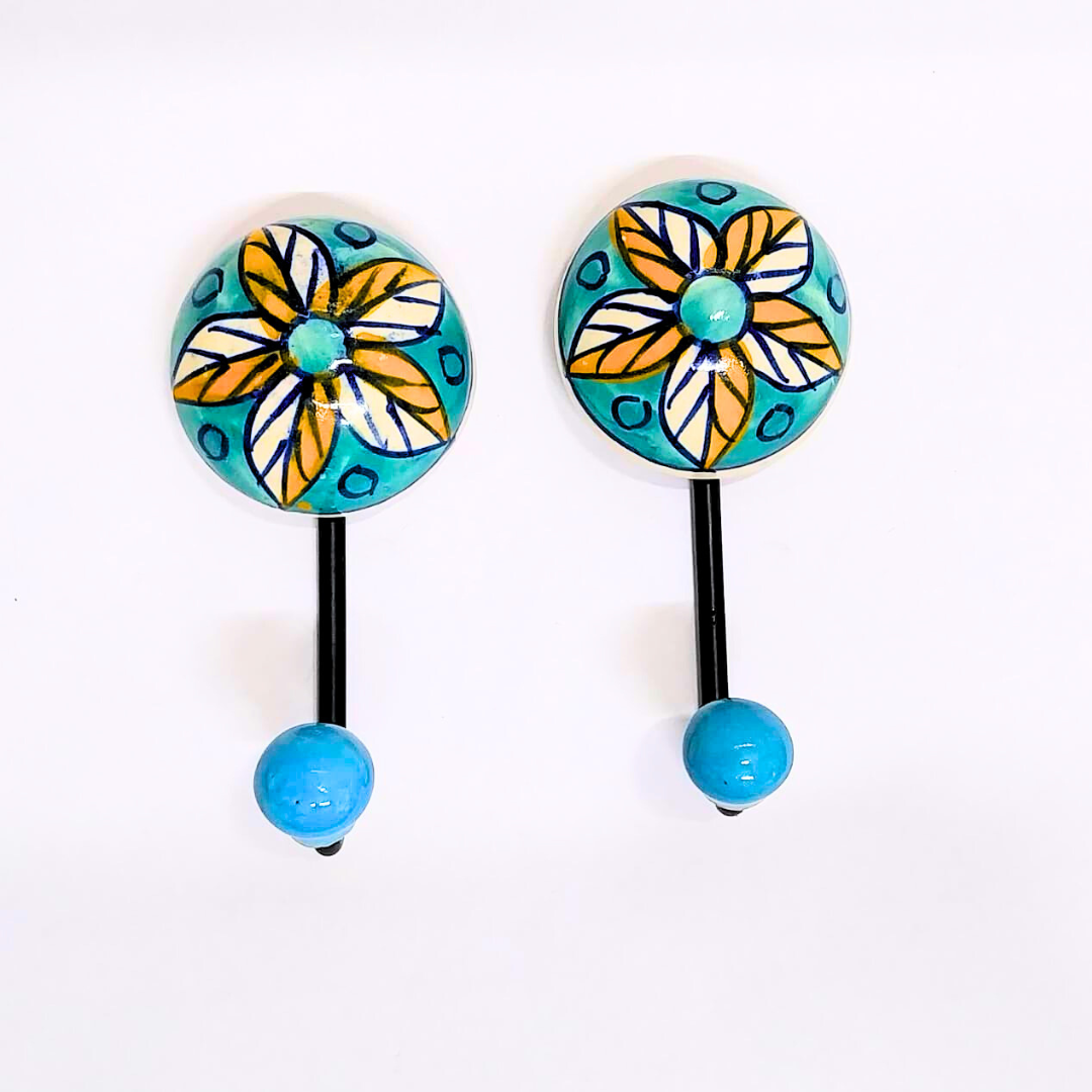Decorative Ceramic Wall Hooks – Turquoise Floral Design with Blue Ball End, Set of 2, Stylish Hooks for Keys, Towels, or Accessories