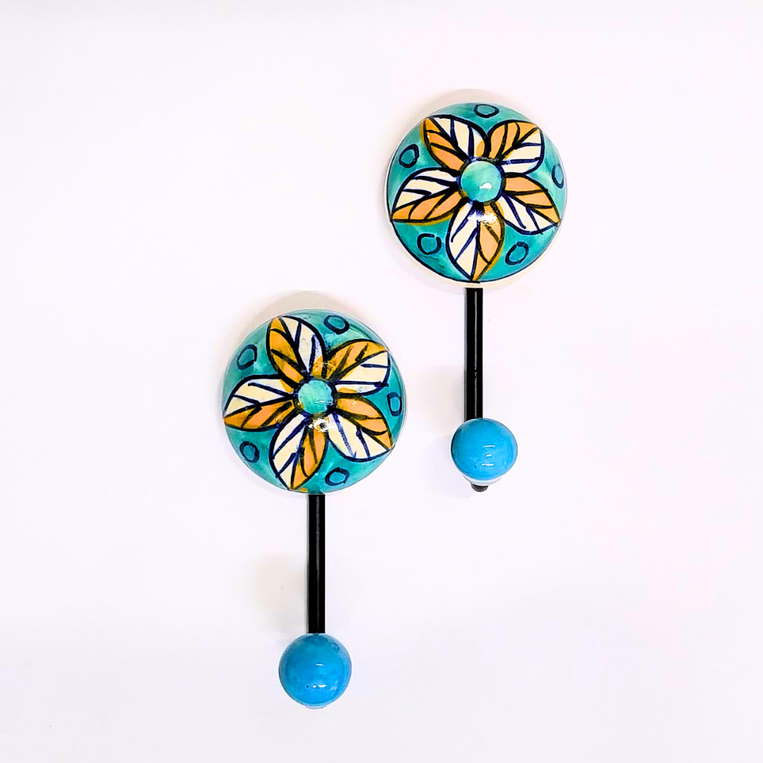 Decorative Ceramic Wall Hooks – Turquoise Floral Design with Blue Ball End, Set of 2, Stylish Hooks for Keys, Towels, or Accessories
