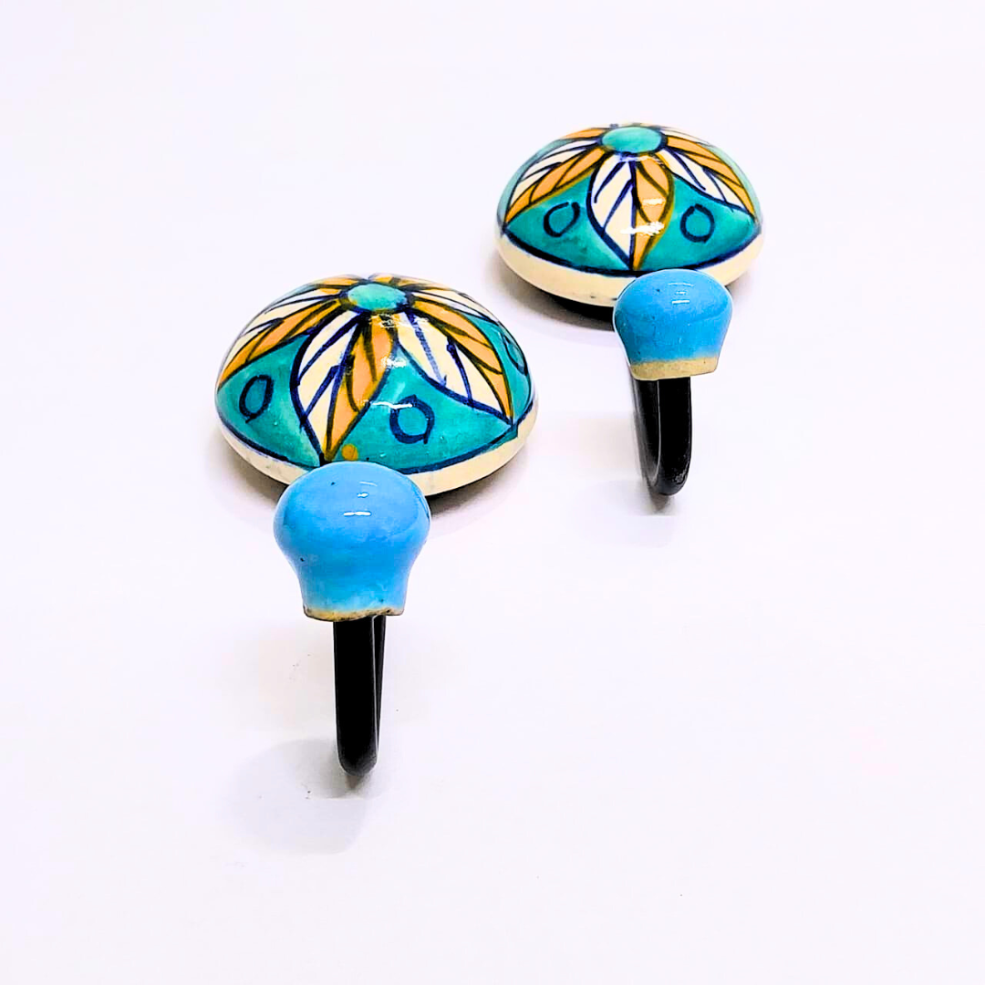 Decorative Ceramic Wall Hooks – Turquoise Floral Design with Blue Ball End, Set of 2, Stylish Hooks for Keys, Towels, or Accessories