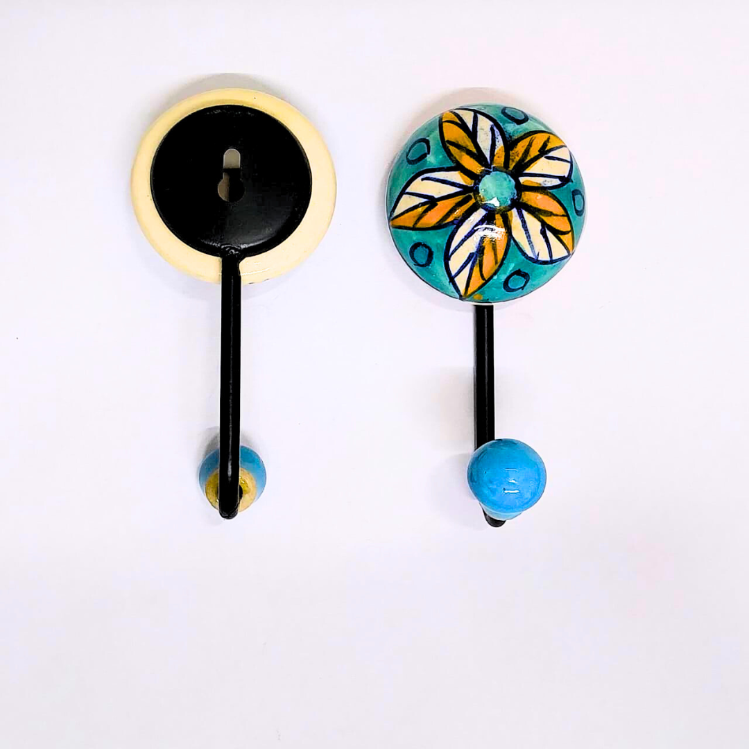 Decorative Ceramic Wall Hooks – Turquoise Floral Design with Blue Ball End, Set of 2, Stylish Hooks for Keys, Towels, or Accessories