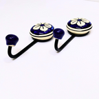 Decorative Ceramic Curtain Rod Hooks with Floral Design – Navy Blue & White, Set of 2, Elegant Wall Hooks for Drapes or Curtains