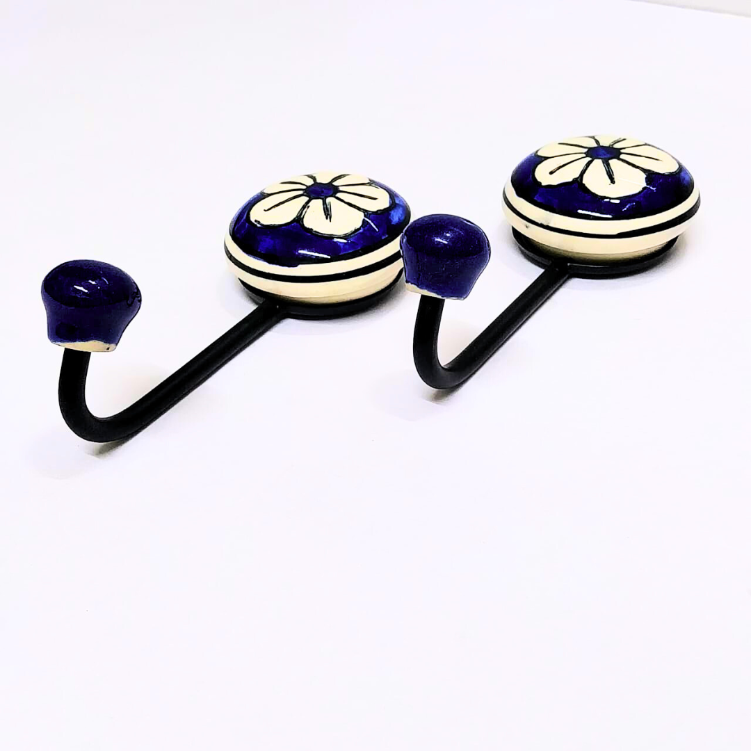Decorative Ceramic Curtain Rod Hooks with Floral Design – Navy Blue & White, Set of 2, Elegant Wall Hooks for Drapes or Curtains