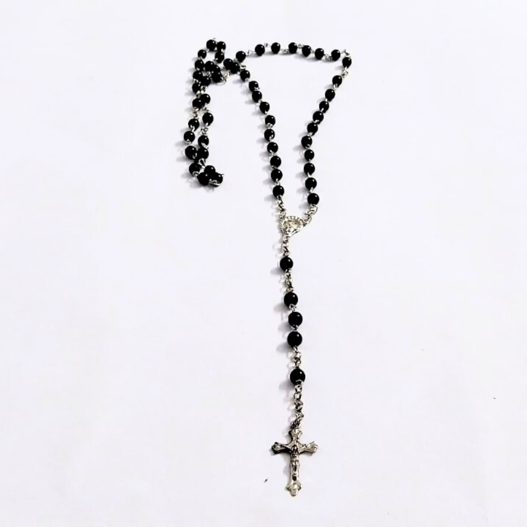 Vintage Black Beaded Rosary Necklace with Cross Pendant | Christian Prayer Chain | Religious Faith Jewelry for Men & Women
