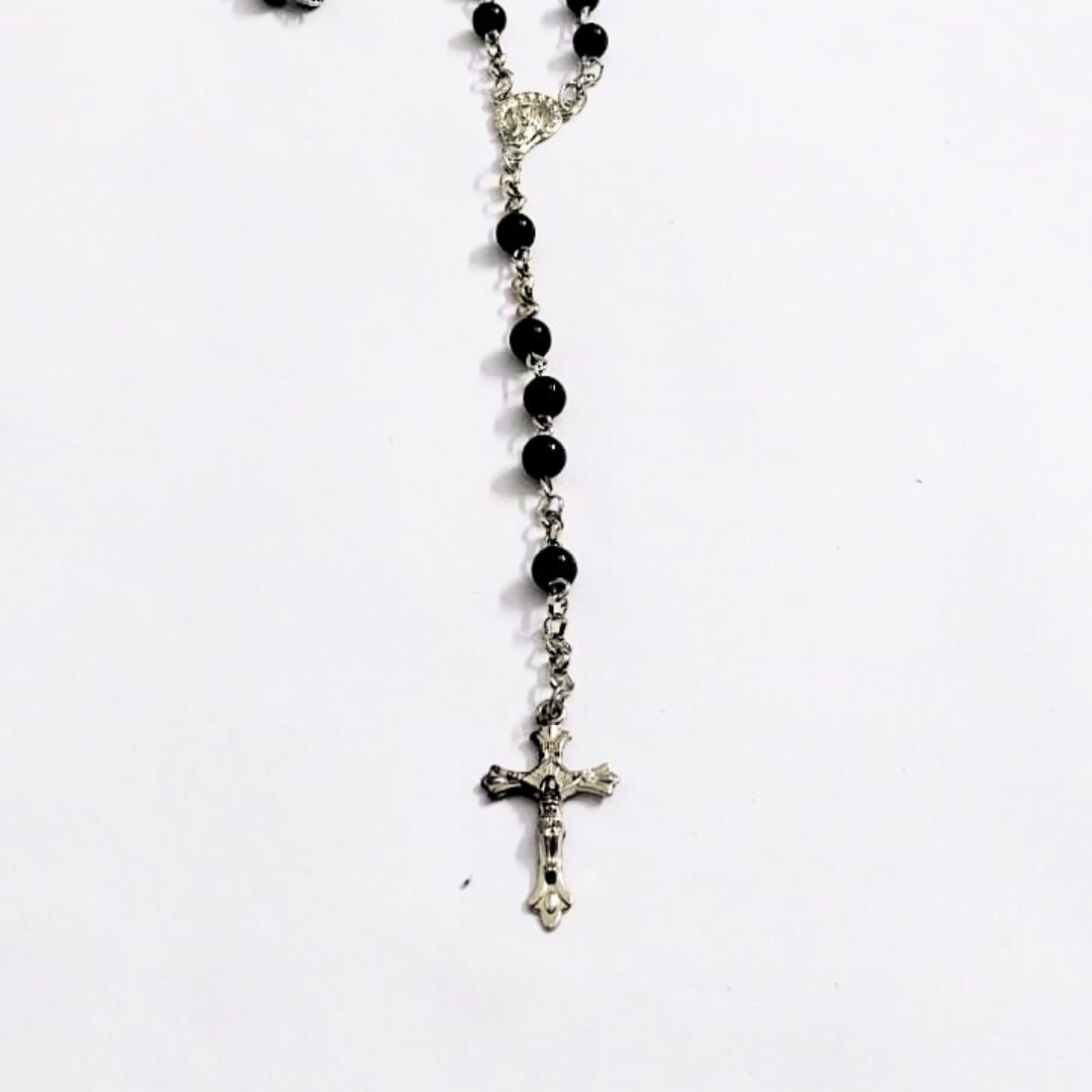 Vintage Black Beaded Rosary Necklace with Cross Pendant | Christian Prayer Chain | Religious Faith Jewelry for Men & Women