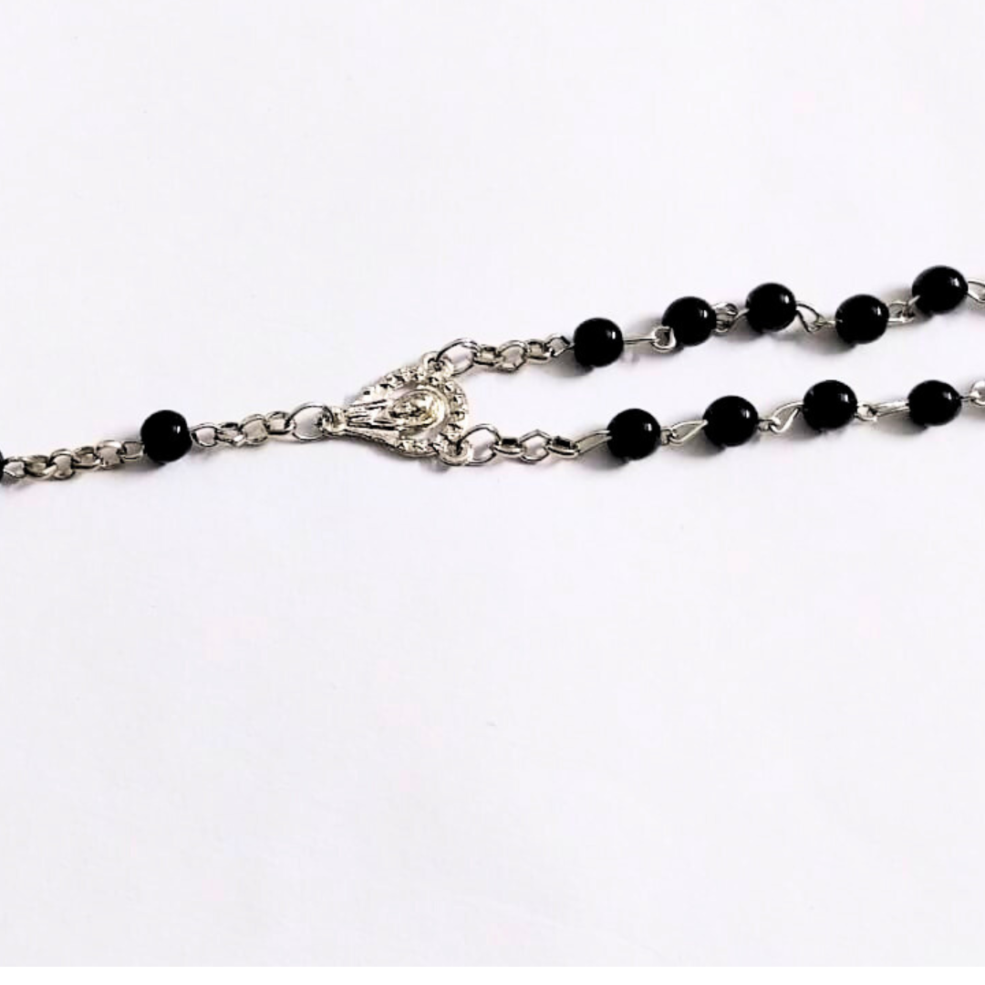 Vintage Black Beaded Rosary Necklace with Cross Pendant | Christian Prayer Chain | Religious Faith Jewelry for Men & Women