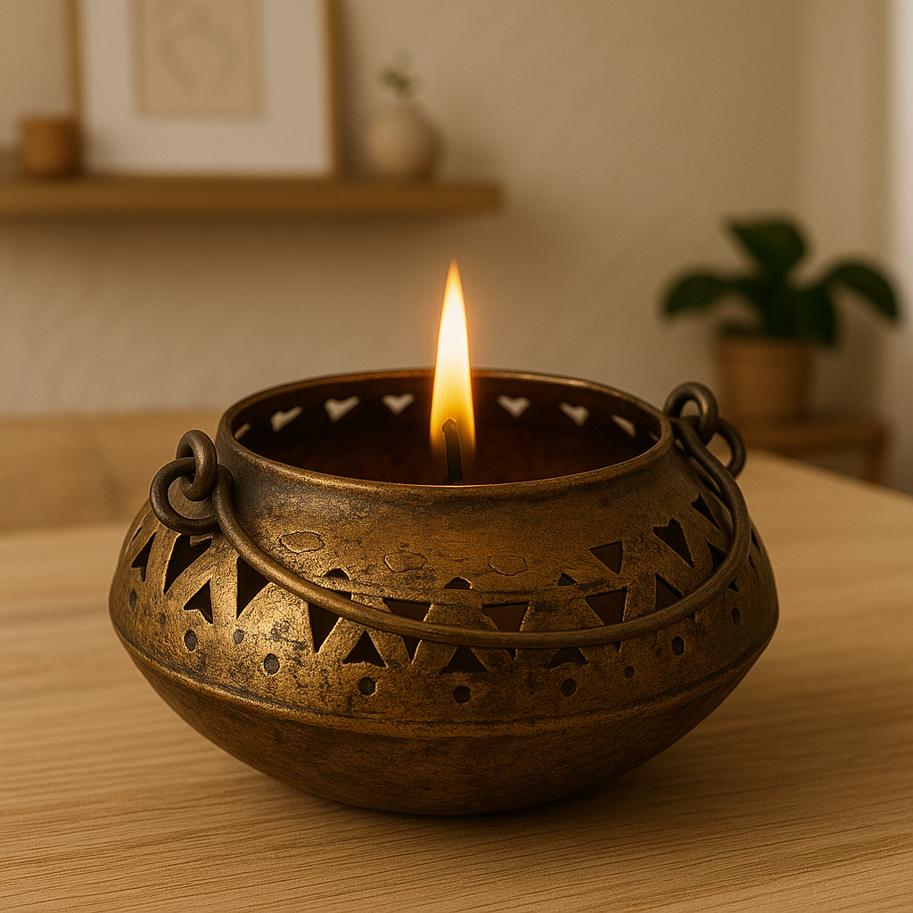 Antique Brass Decorative Bowl Candle Holder | Rustic Cutwork Metal Décor for Aesthetic Home & Festive Styling