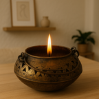 Antique Brass Decorative Bowl Candle Holder | Rustic Cutwork Metal Décor for Aesthetic Home & Festive Styling