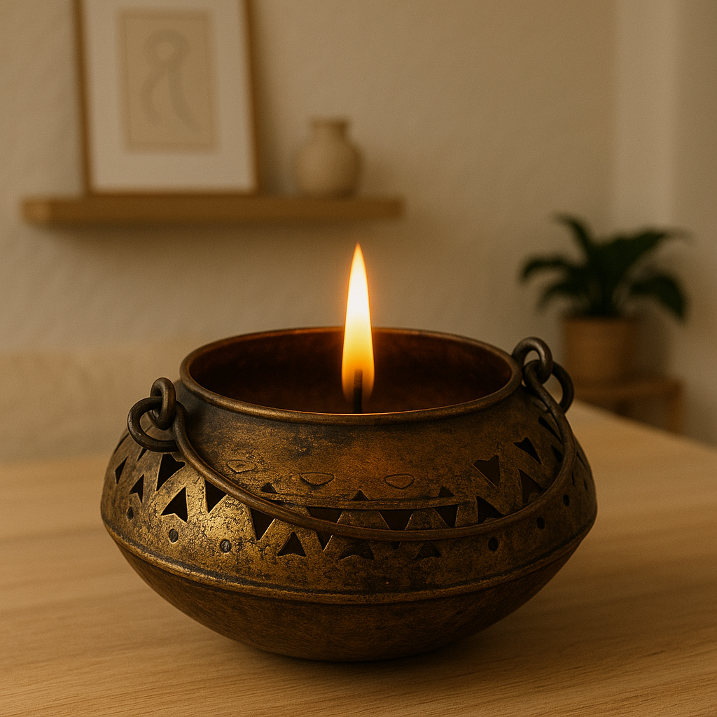 Antique Brass Decorative Bowl Candle Holder | Rustic Cutwork Metal Décor for Aesthetic Home & Festive Styling