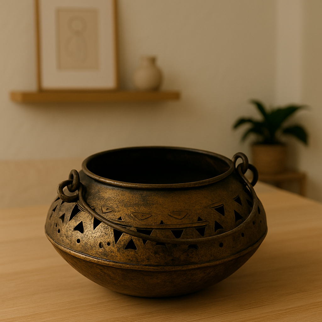 Antique Brass Decorative Bowl Candle Holder | Rustic Cutwork Metal Décor for Aesthetic Home & Festive Styling