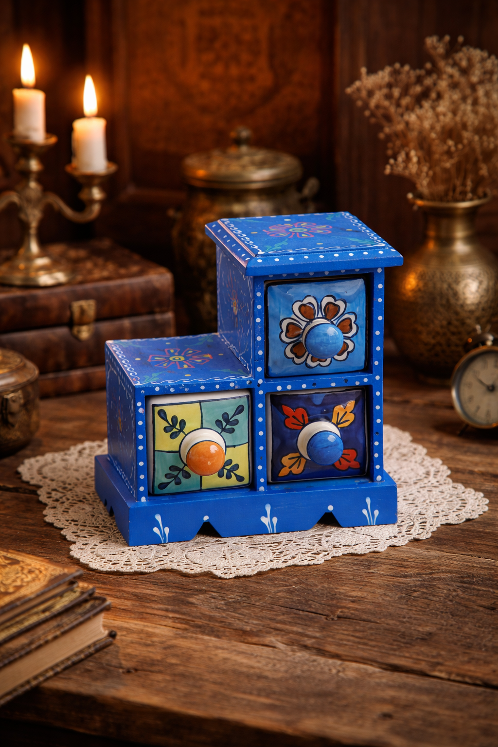 Handcrafted Blue Wooden Jewellery Organizer with Ceramic Drawers | Antique Style Mini Storage Chest