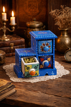 Handcrafted Blue Wooden Jewellery Organizer with Ceramic Drawers | Antique Style Mini Storage Chest