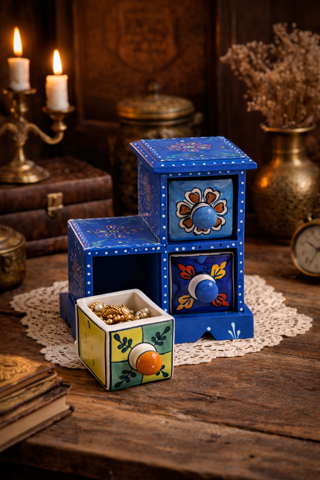 Handcrafted Blue Wooden Jewellery Organizer with Ceramic Drawers | Antique Style Mini Storage Chest