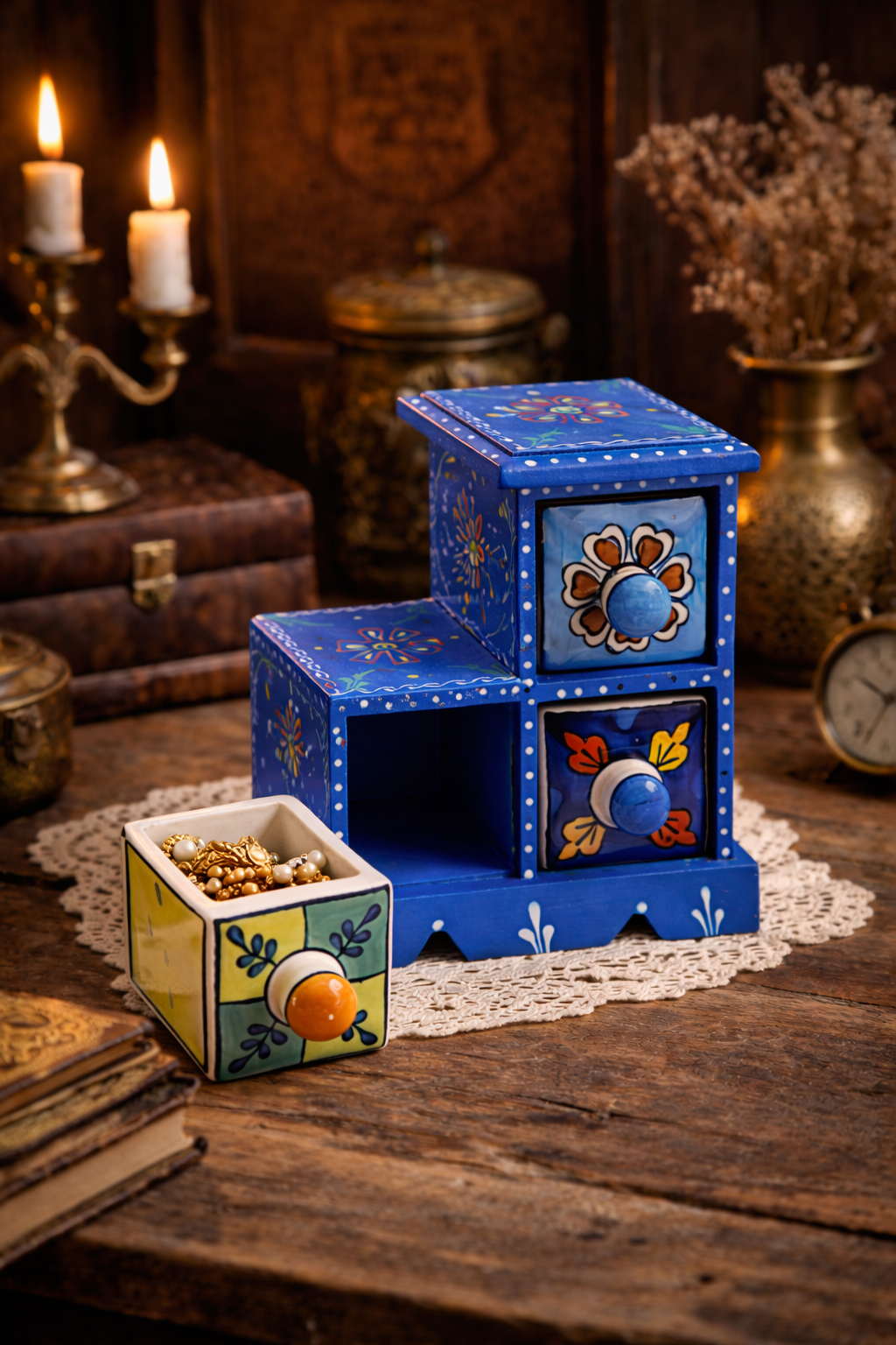 Handcrafted Blue Wooden Jewellery Organizer with Ceramic Drawers | Antique Style Mini Storage Chest