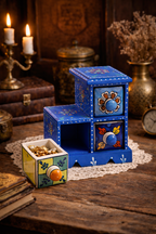 Handcrafted Blue Wooden Jewellery Organizer with Ceramic Drawers | Antique Style Mini Storage Chest