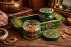 Handcrafted Green Wooden Tray with Glass Jars | Hand-Painted Jewellery & Storage Organizer Set