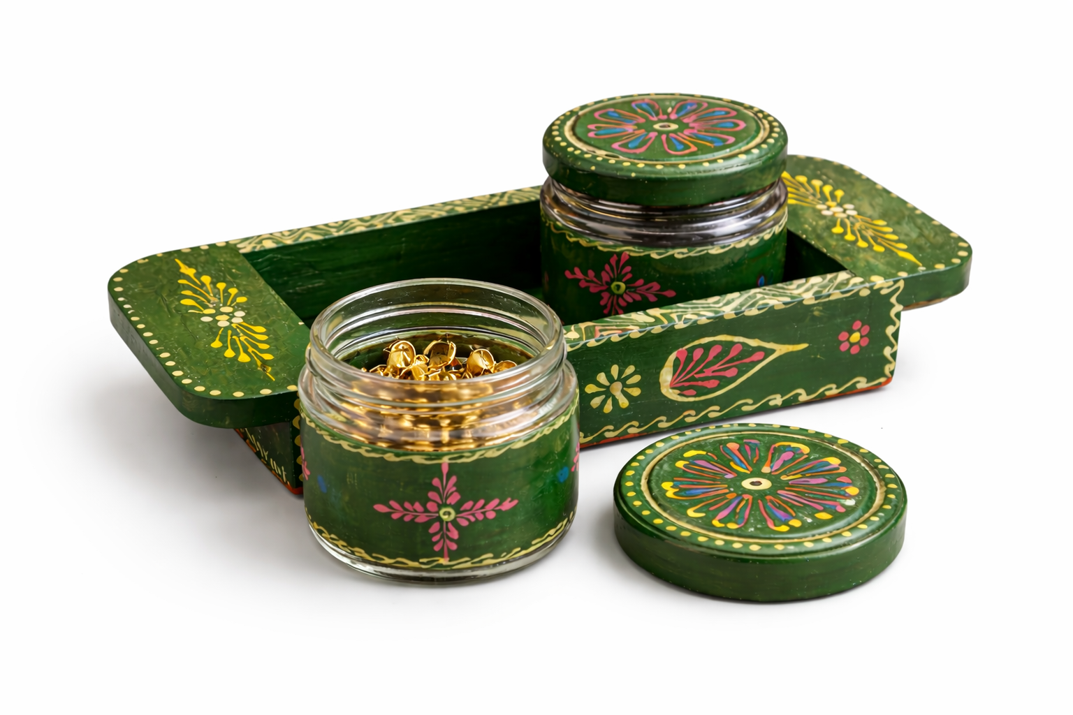Handcrafted Green Wooden Tray with Glass Jars | Hand-Painted Jewellery & Storage Organizer Set