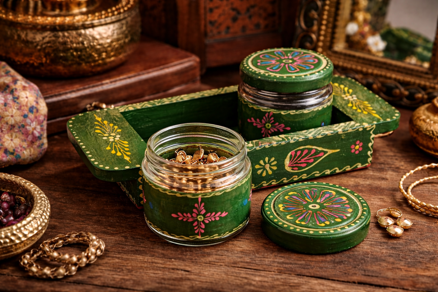 Handcrafted Green Wooden Tray with Glass Jars | Hand-Painted Jewellery & Storage Organizer Set
