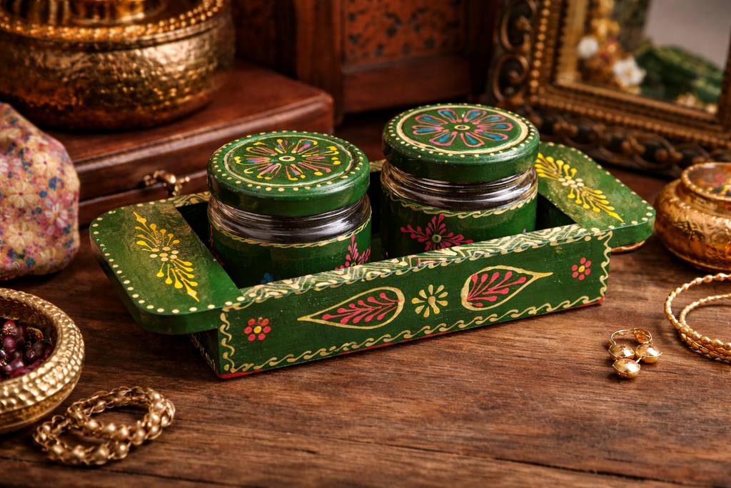 Handcrafted Green Wooden Tray with Glass Jars | Hand-Painted Jewellery & Storage Organizer Set