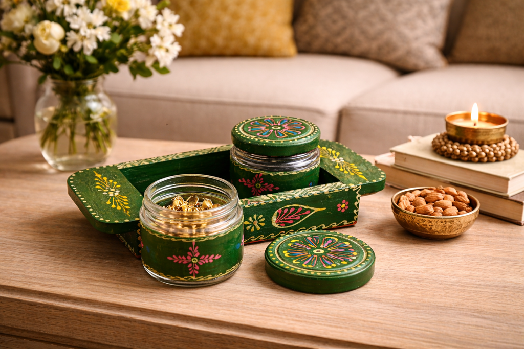 Handcrafted Green Wooden Tray with Glass Jars | Hand-Painted Jewellery & Storage Organizer Set